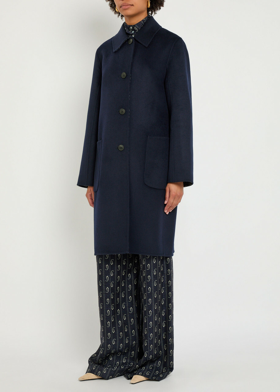 Tory Burch Logo-intarsia Wool-blend Coat Navy