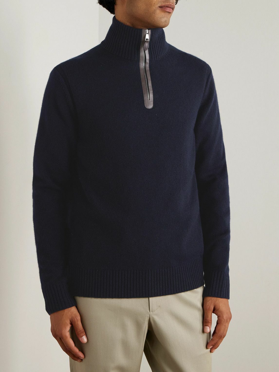 Purdey - Leather-Trimmed Cashmere Half-Zip Sweater - Blue