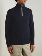 Purdey - Leather-Trimmed Cashmere Half-Zip Sweater - Blue