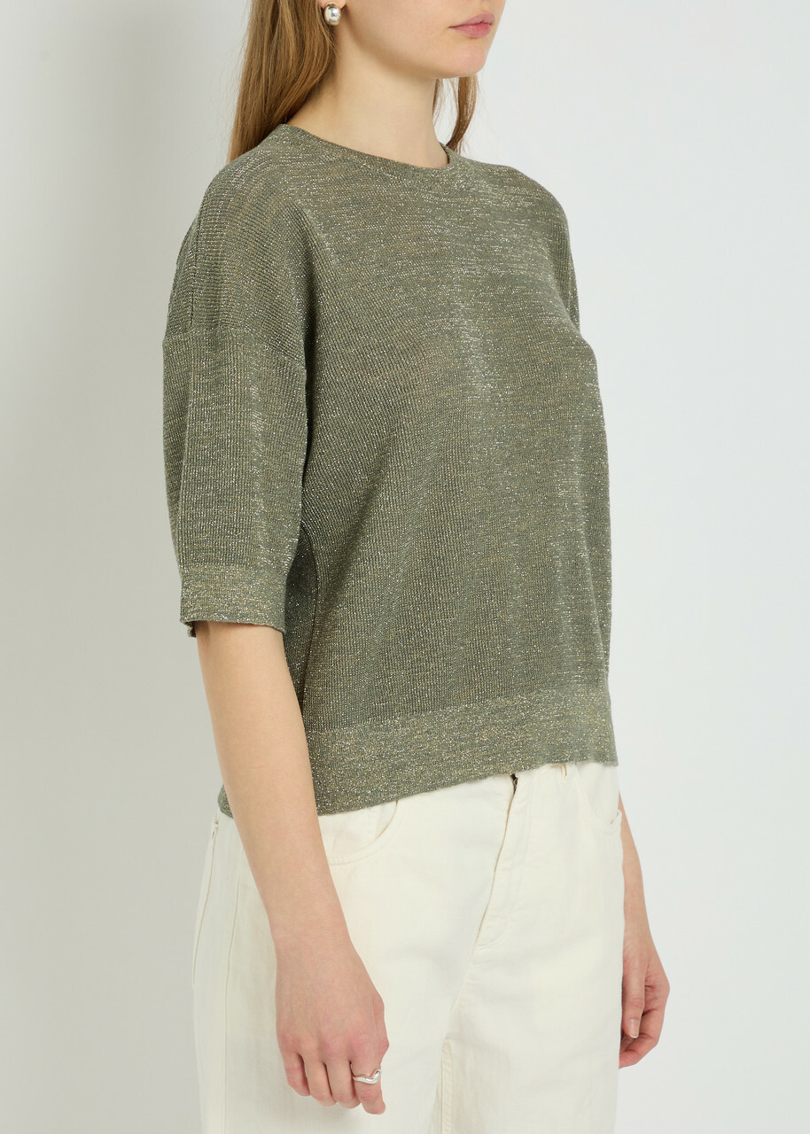Brunello Cucinelli Metallic Fine-knit Sweater top Khaki