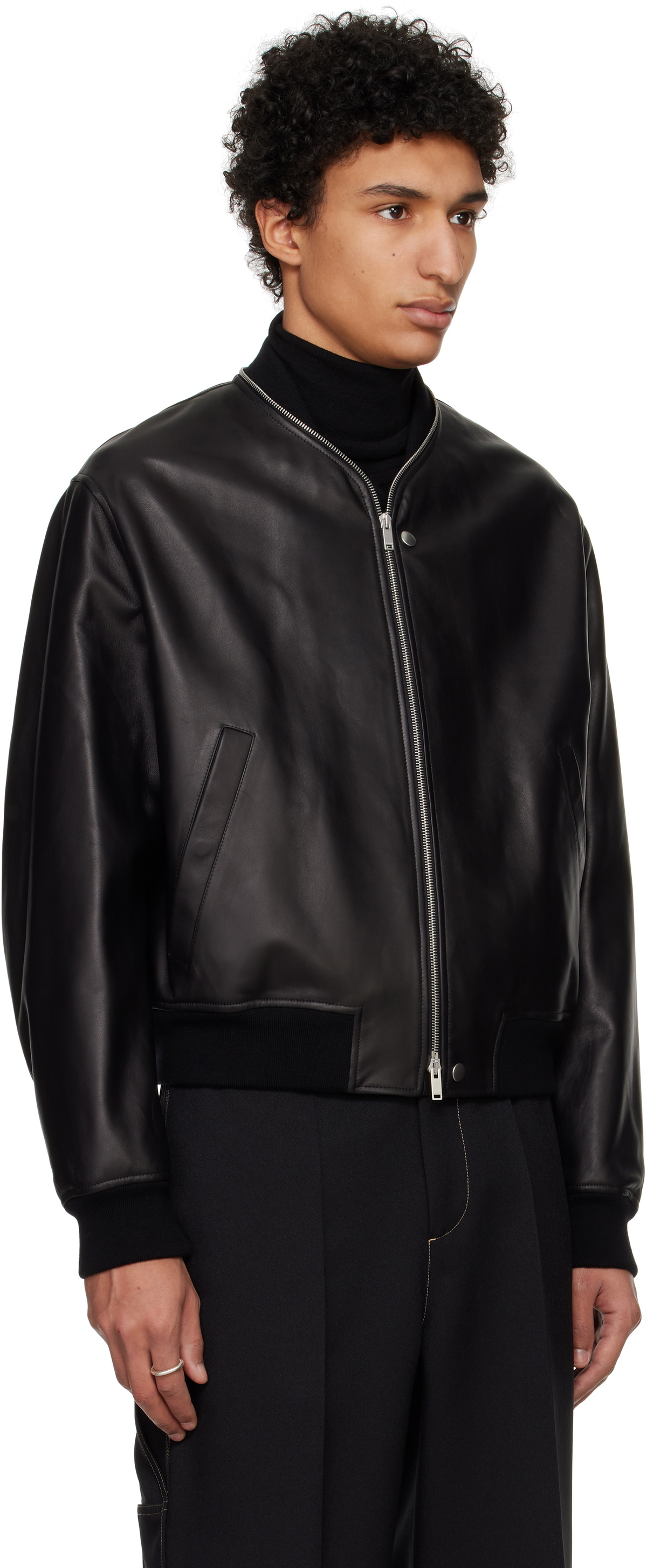 Jil Sander Black Zip Up Leather Bomber Jacket Jil Sander