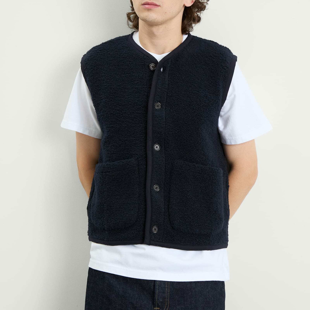 Universal Works Men's Alvar Fleece Lancaster Gilet in Navy