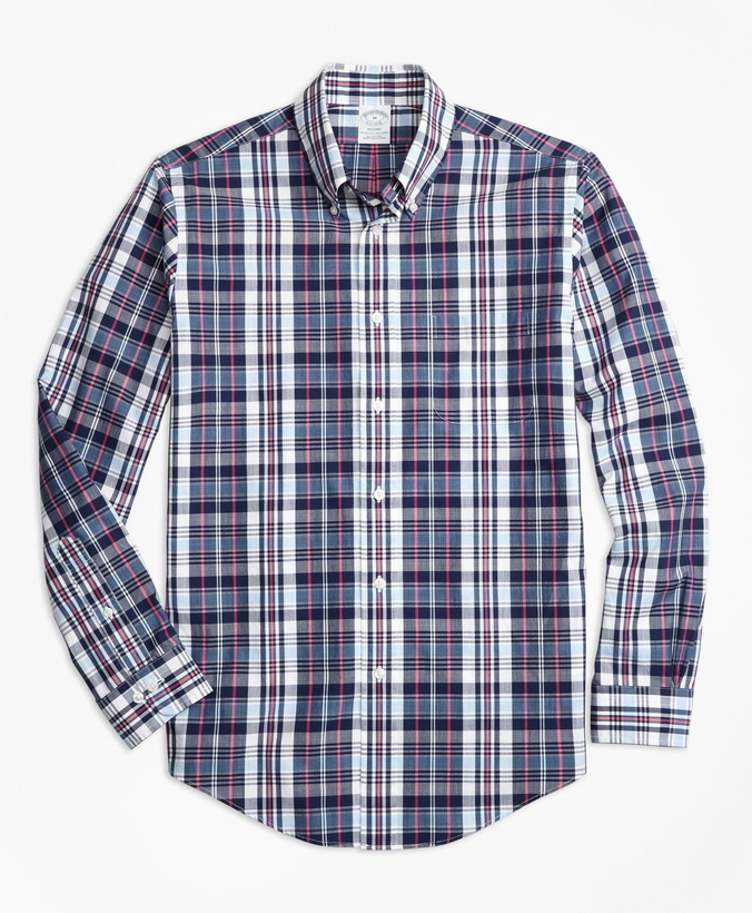 Photo: Brooks Brothers Men's Regent Regular-Fit Sport Shirt, Slub Cotton Plaid | Blue/White