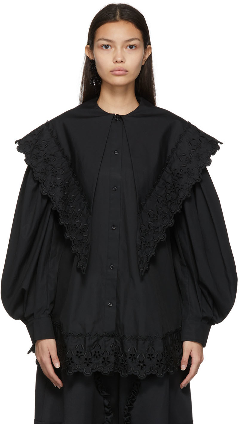 【Simone Rocha】黒 刺繍 Long Pointed Collar Simone Rocha Black Signature Sleeve Pointed Collar Dress