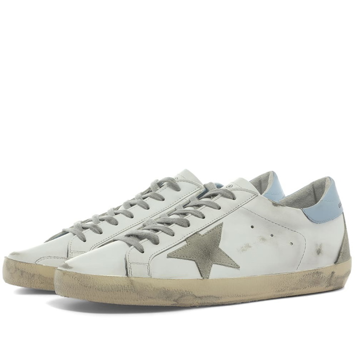 Photo: Golden Goose Men's Super-Star Leather Sneakers in White/Ice/Powder Blue