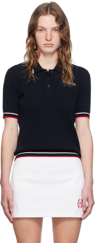 Photo: Sporty & Rich Navy Embroidered Serif Logo Polo