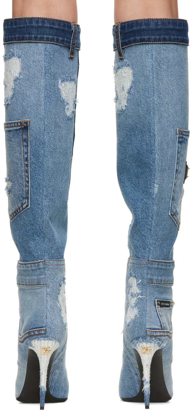 Dolce & Gabbana Blue Patchwork Denim Tall Boots Dolce & Gabbana