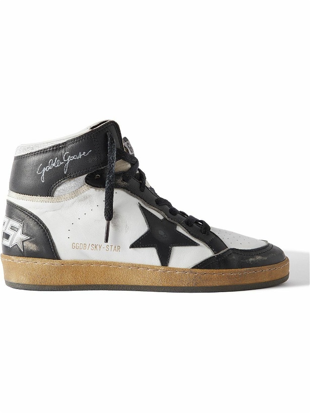 Photo: Golden Goose - Sky Star Suede-Trimmed Distressed Leather High-Top Sneakers - White