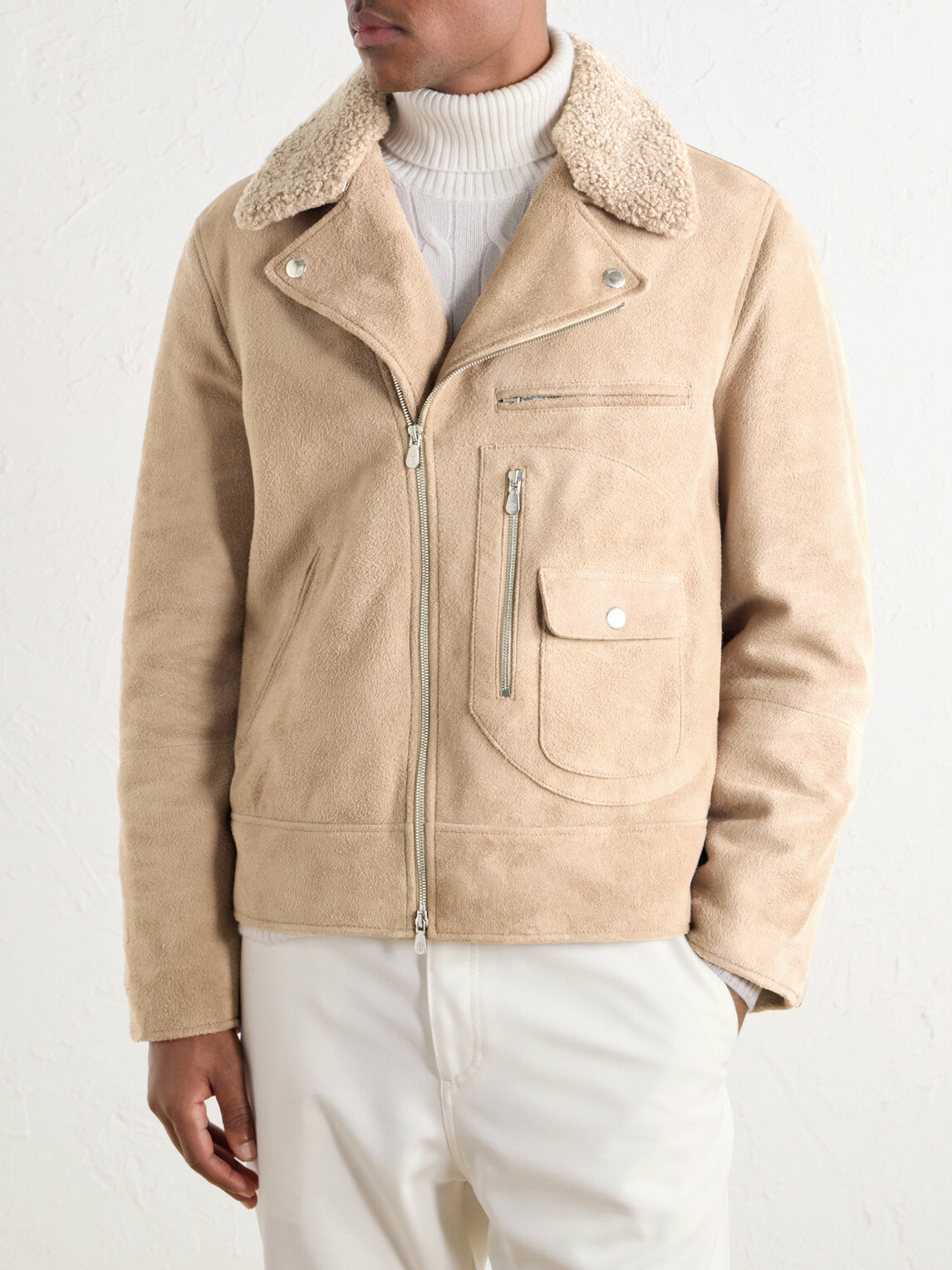 Brunello Cucinelli - Shearling-Trimmed Suede Leather Biker Jacket - Neutrals