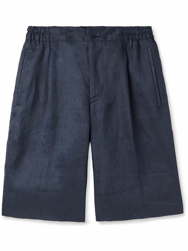 Photo: Kiton - Straight-Leg Pleated Linen Drawstring Shorts - Blue