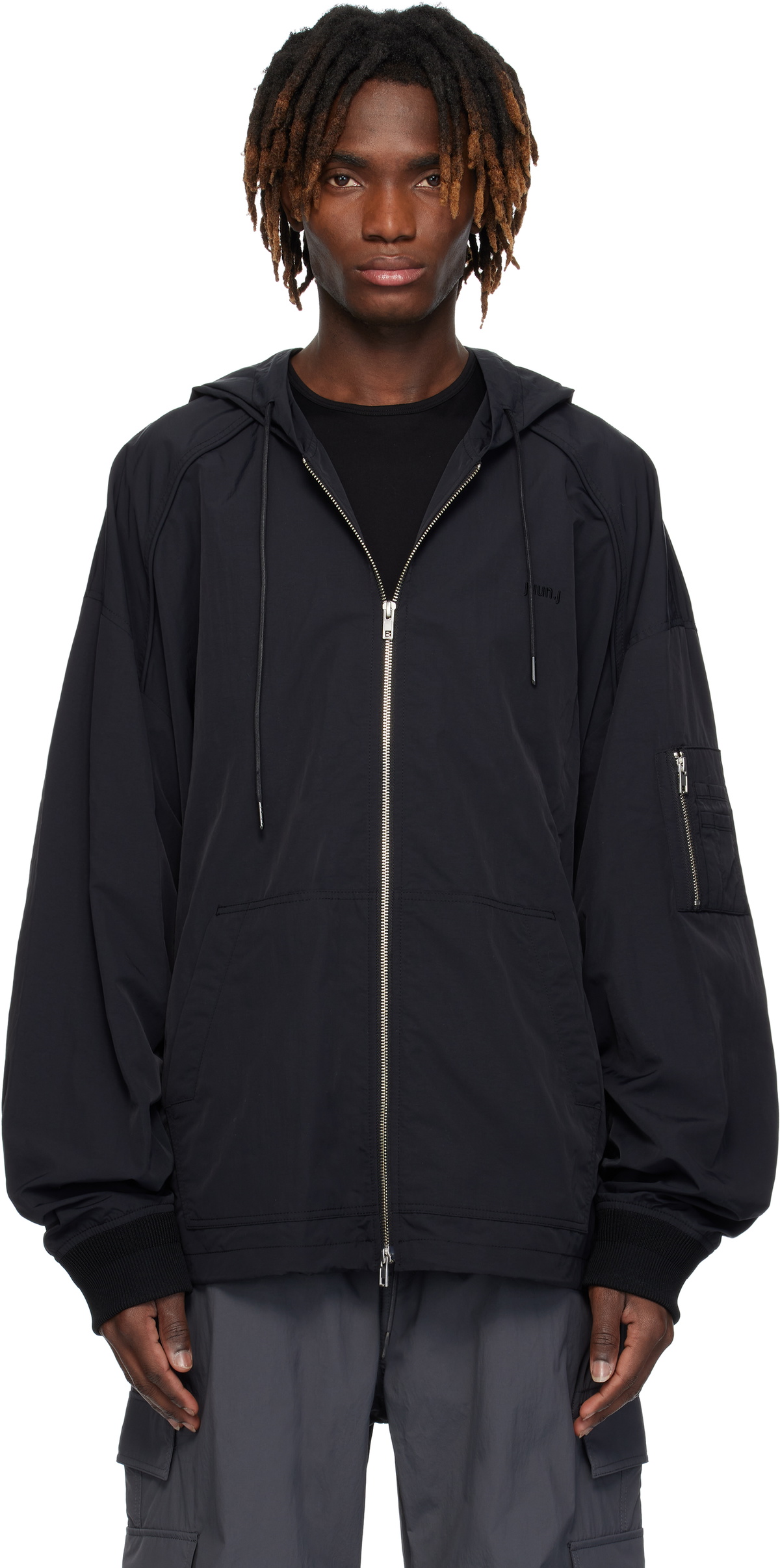 Juun.J Black Nylon Puckering Zip-Up Hoodie