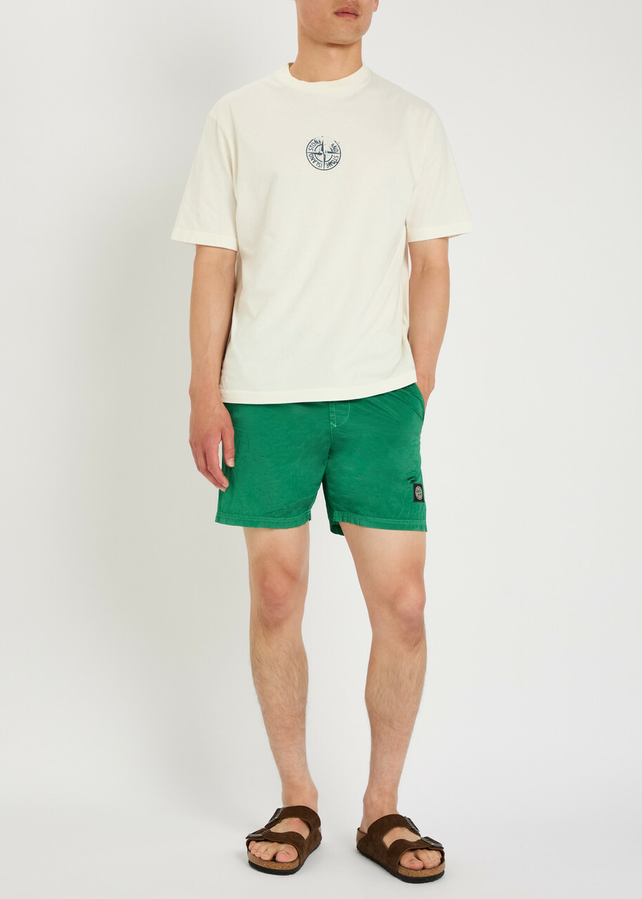Stone Island Logo Crinkled Nylon Swim Shorts Dark Green
