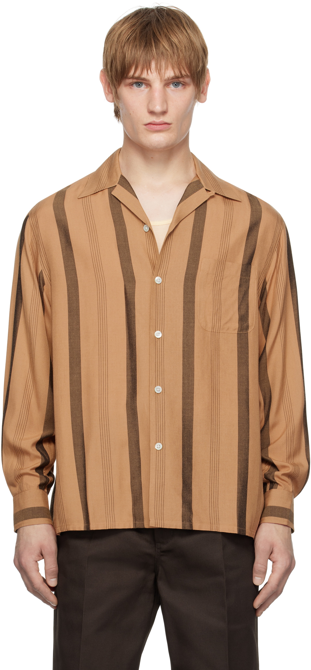 WACKO MARIA Brown Striped Open Collar Shirt Wacko Maria