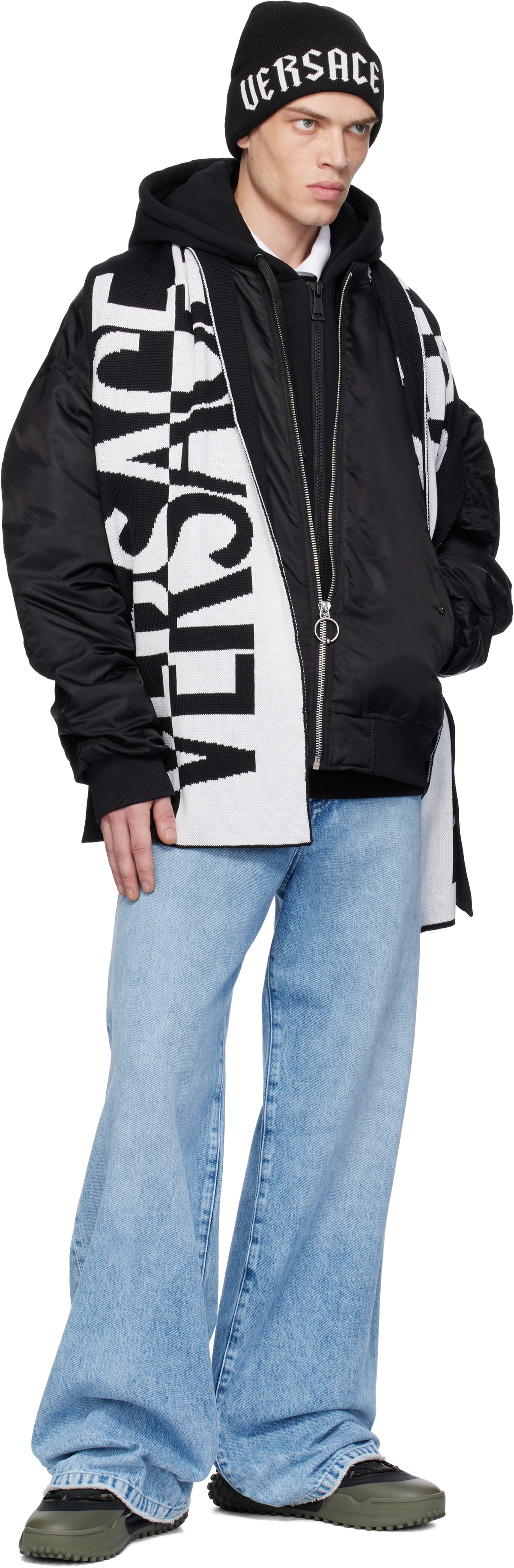 Versace Jeans Couture Black Jacquard Logo Scarf