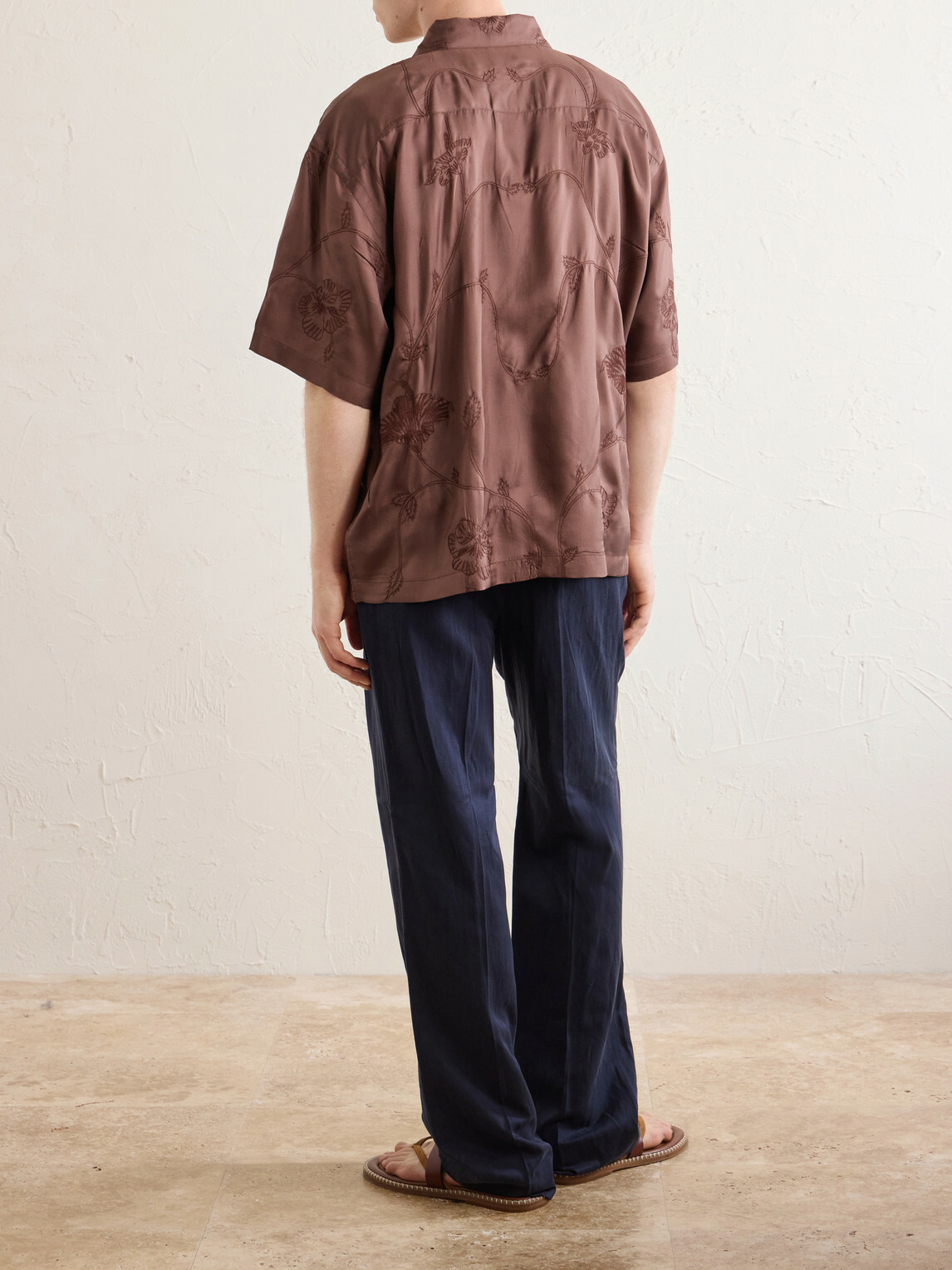 Kardo - Rohit Convertible-Collar Floral-Embroidered Silk-Satin Shirt - Brown