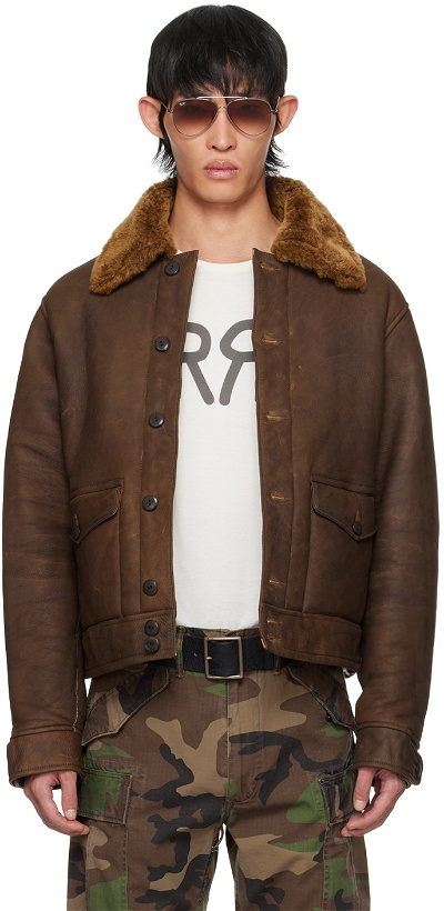 Photo: RRL Brown Spread Collar Shearling Jacket