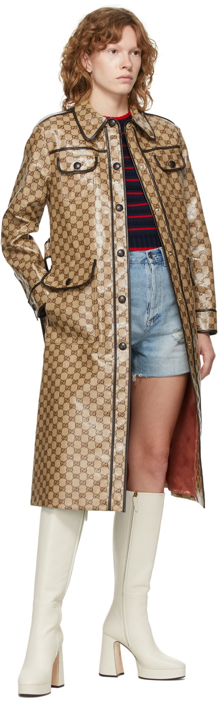 Gucci Beige & Brown GG Coated Canvas Trench Coat Gucci