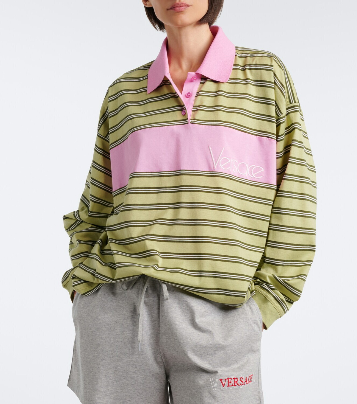 Versace Striped oversized cotton jersey polo shirt