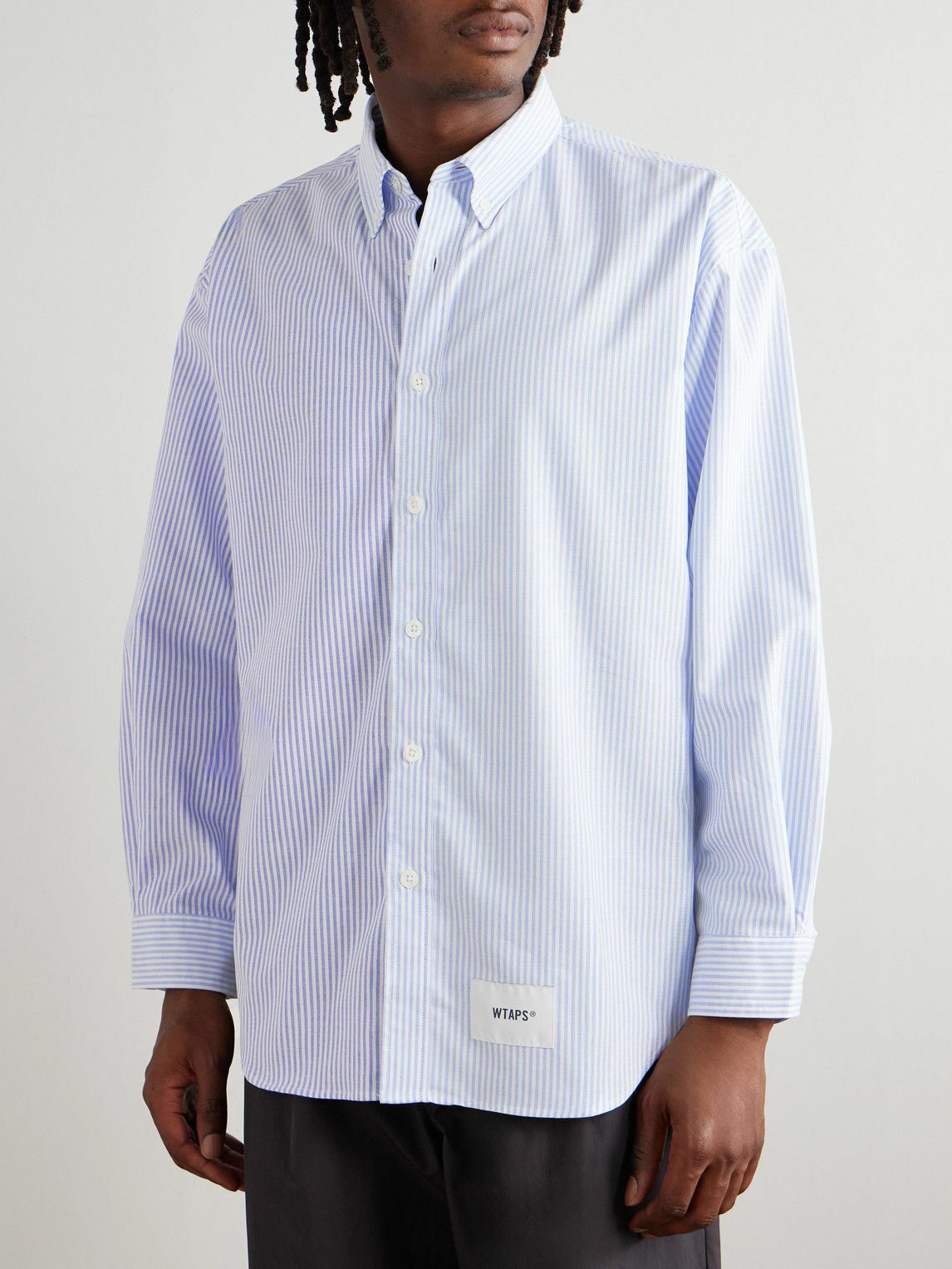 WTAPS - Button Down-Collar Logo-Appliquéd Panelled Striped COOLMAX® Shirt - Blue