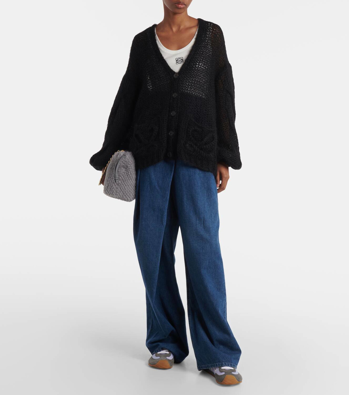 【送料&関税込】Loewe Midnight Blue Cashmere Cardigan Loewe Women's Oversized Bear Cardigan Sweater Mohair Blend
