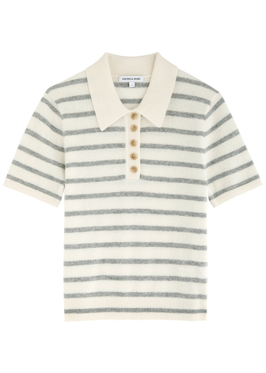 Veronica Beard Brandt Striped-intarsia Cashmere Polo Jumper Cream