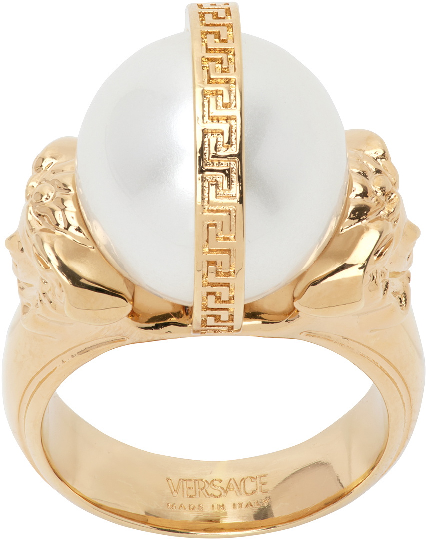 Versace Gold Pearl Medusa Greca Ring