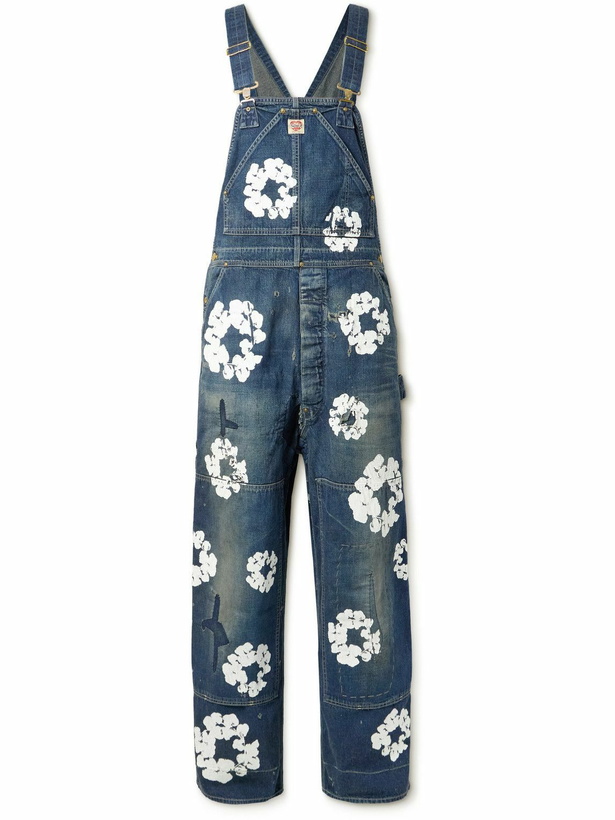 Photo: SAINT MXXXXXX - Denim Tears Distressed Patchwork Floral-Print Denim Overalls - Blue