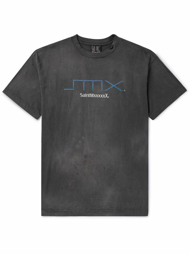 Photo: SAINT Mxxxxxx - Logo-Print Distressed Cotton-Jersey T-Shirt - Gray