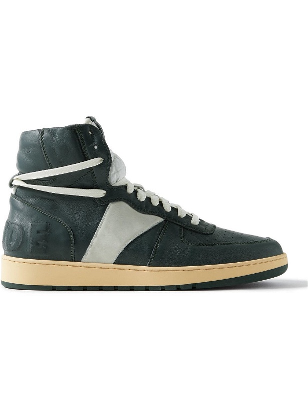 Photo: Rhude - Rhecess Logo-Appliquéd Distressed Leather High-Top Sneakers - Green