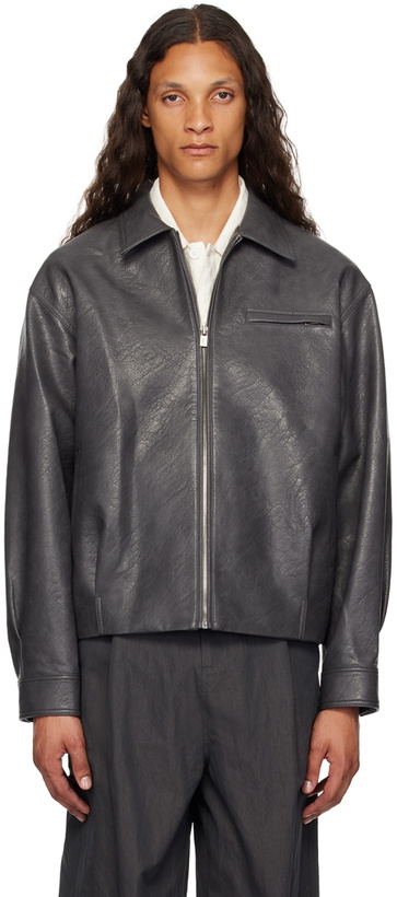 Photo: LE17SEPTEMBRE Gray Spread Collar Faux-Leather Jacket