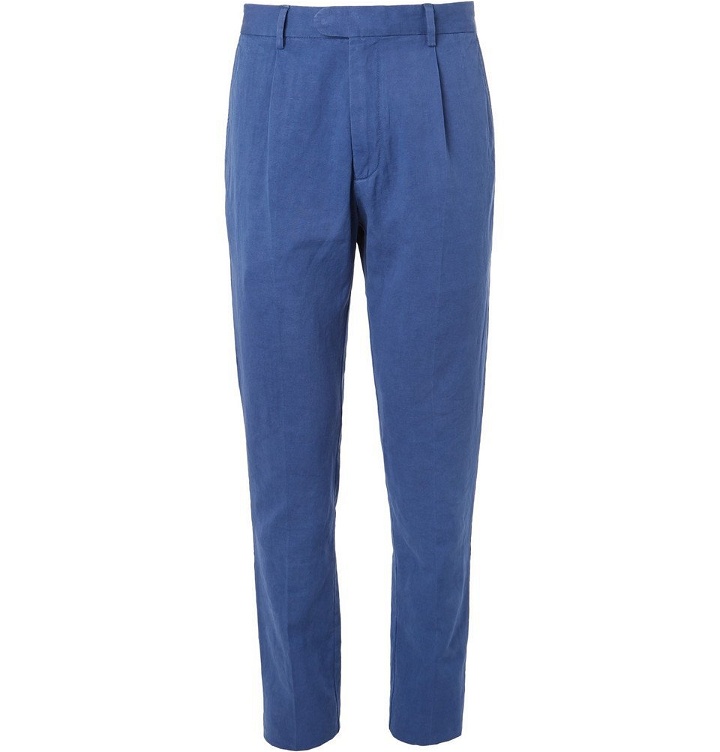 Photo: Hartford - Teddy Pleated Cotton and Linen-Blend Chinos - Men - Cobalt blue