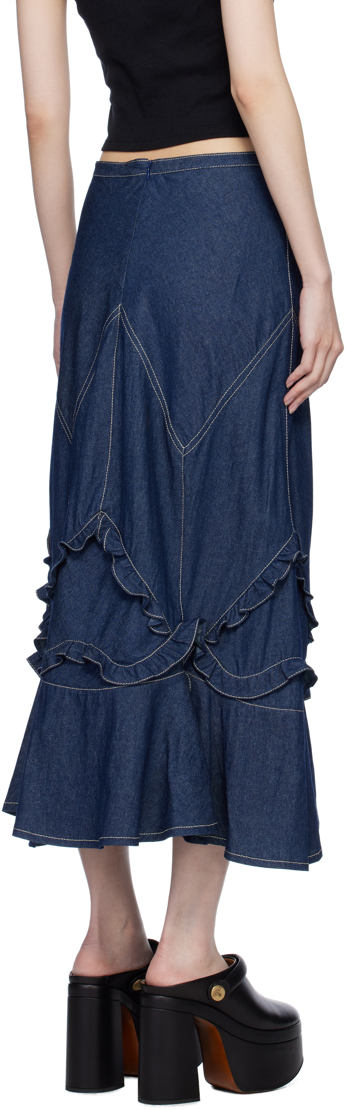 Anna Sui Navy Ruffle Denim Maxi Skirt