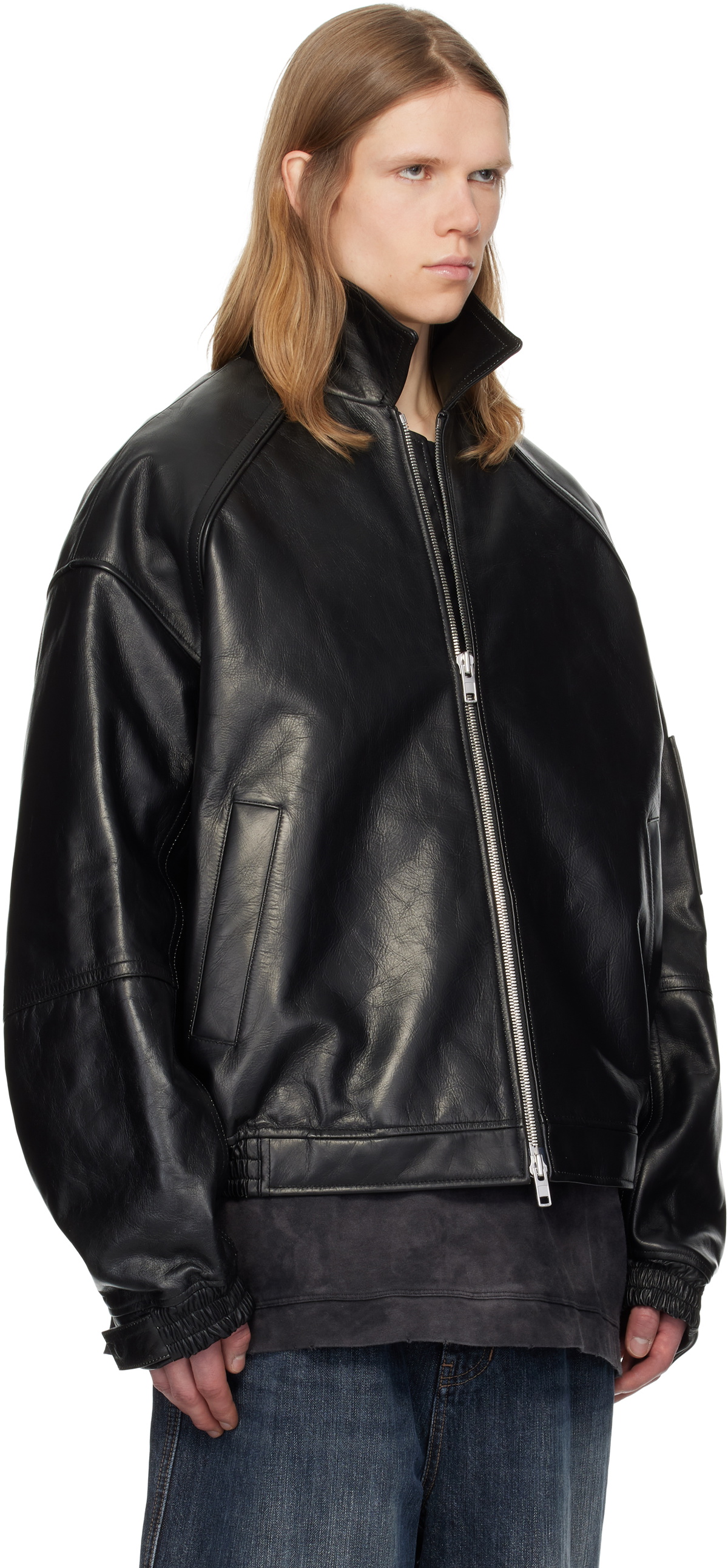 Juun.J Black Stand Collar Leather Aviator Jacket