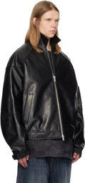 Juun.J Black Stand Collar Leather Aviator Jacket