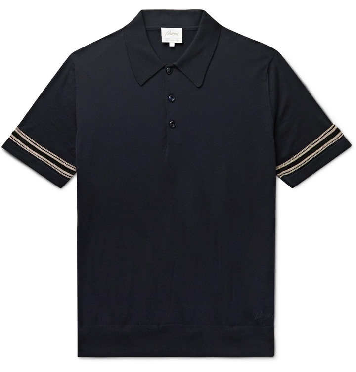 Photo: Brioni - Striped Wool and Silk-Blend Polo Shirt - Blue