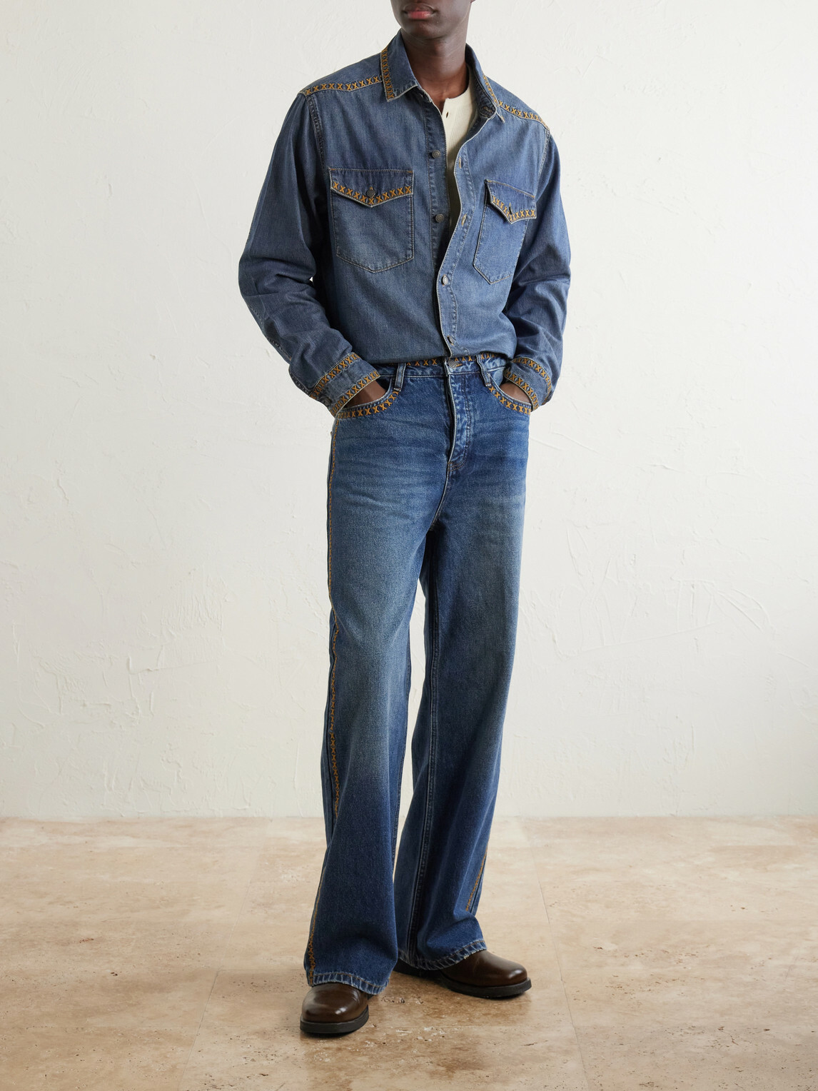 MANAAKI - Tukutuku Embroidered Denim Shirt - Blue