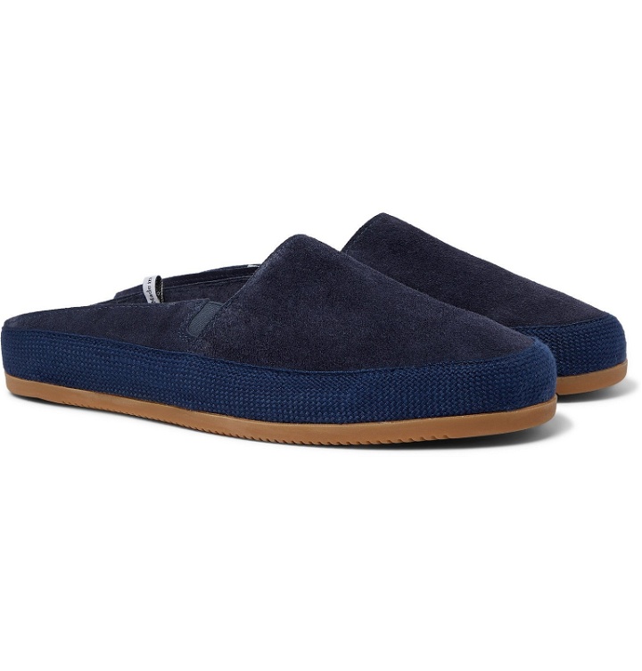 Photo: Mulo - Hamilton and Hare Shearling-Lined Suede Backless Slippers - Blue