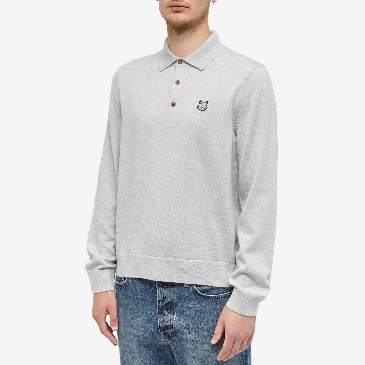 Maison Kitsuné Men's Fox Head Patch Knit Polo Shirt in Light