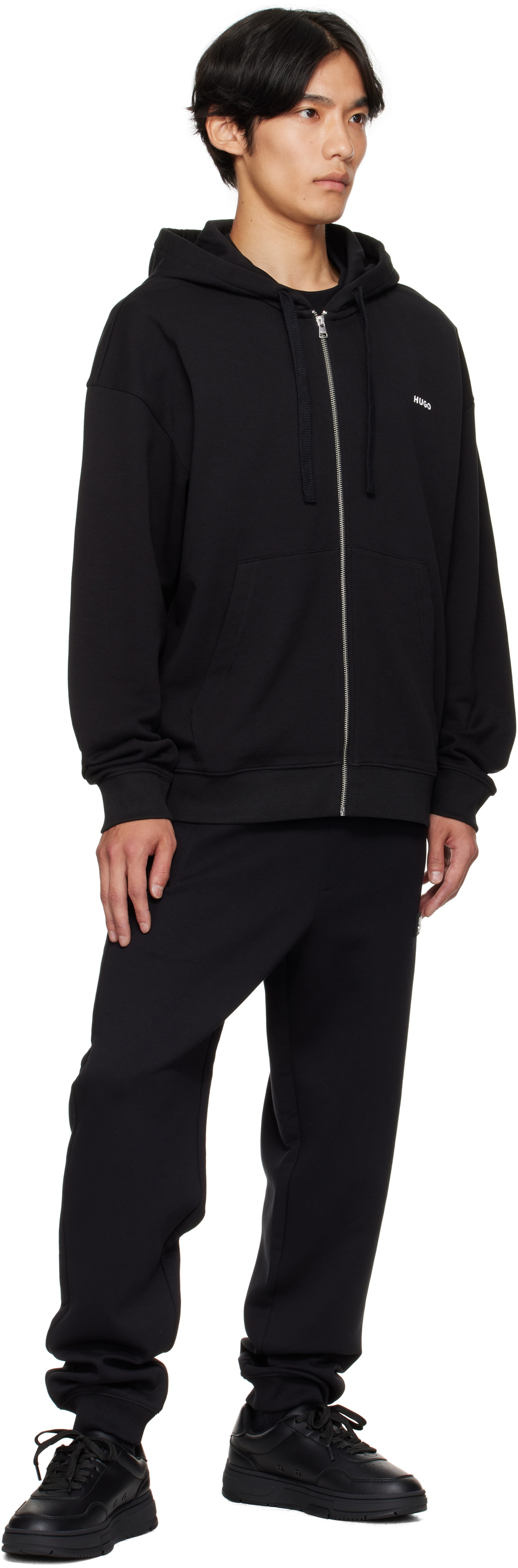 Hugo Black Relaxed-Fit Cotton Terry Zip-Up Hoodie