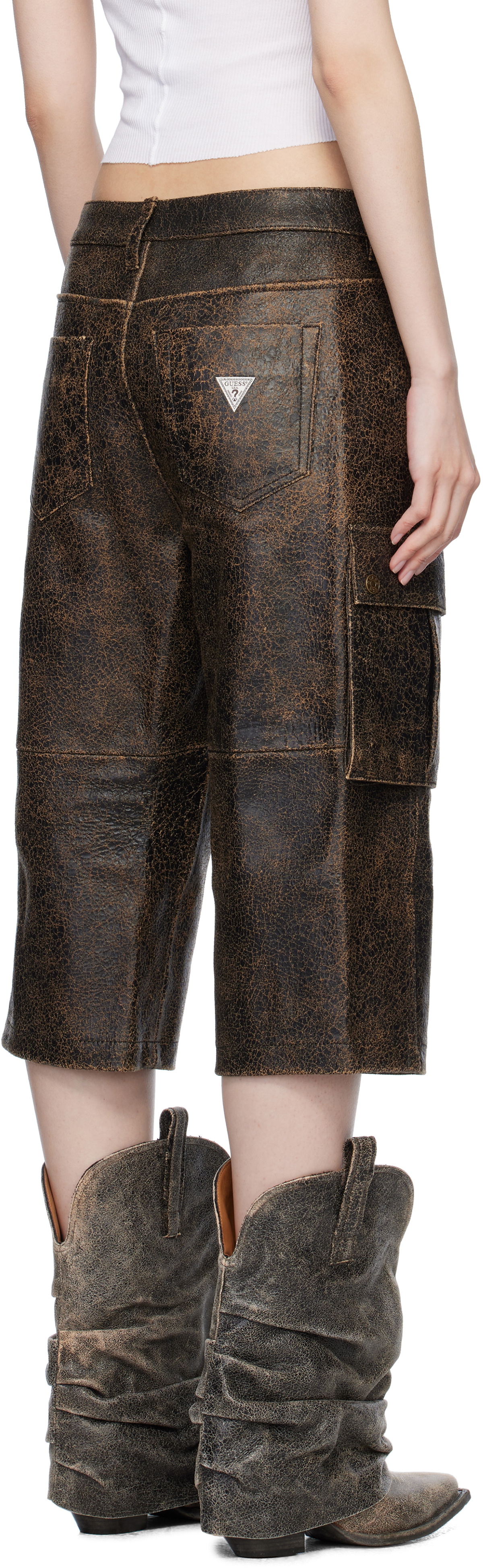GUESS USA Brown Crackled Leather Cargo Shorts