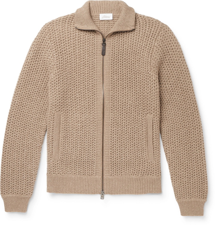 Photo: Brioni - Textured Cashmere and Cotton-Blend Zip-Up Cardigan - Brown