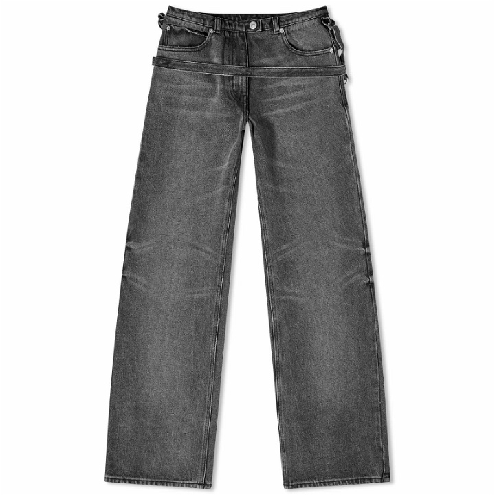 Photo: Courreges Women's Courrèges One Strap Stone Denim Baggy Pants in Stonewashed Grey