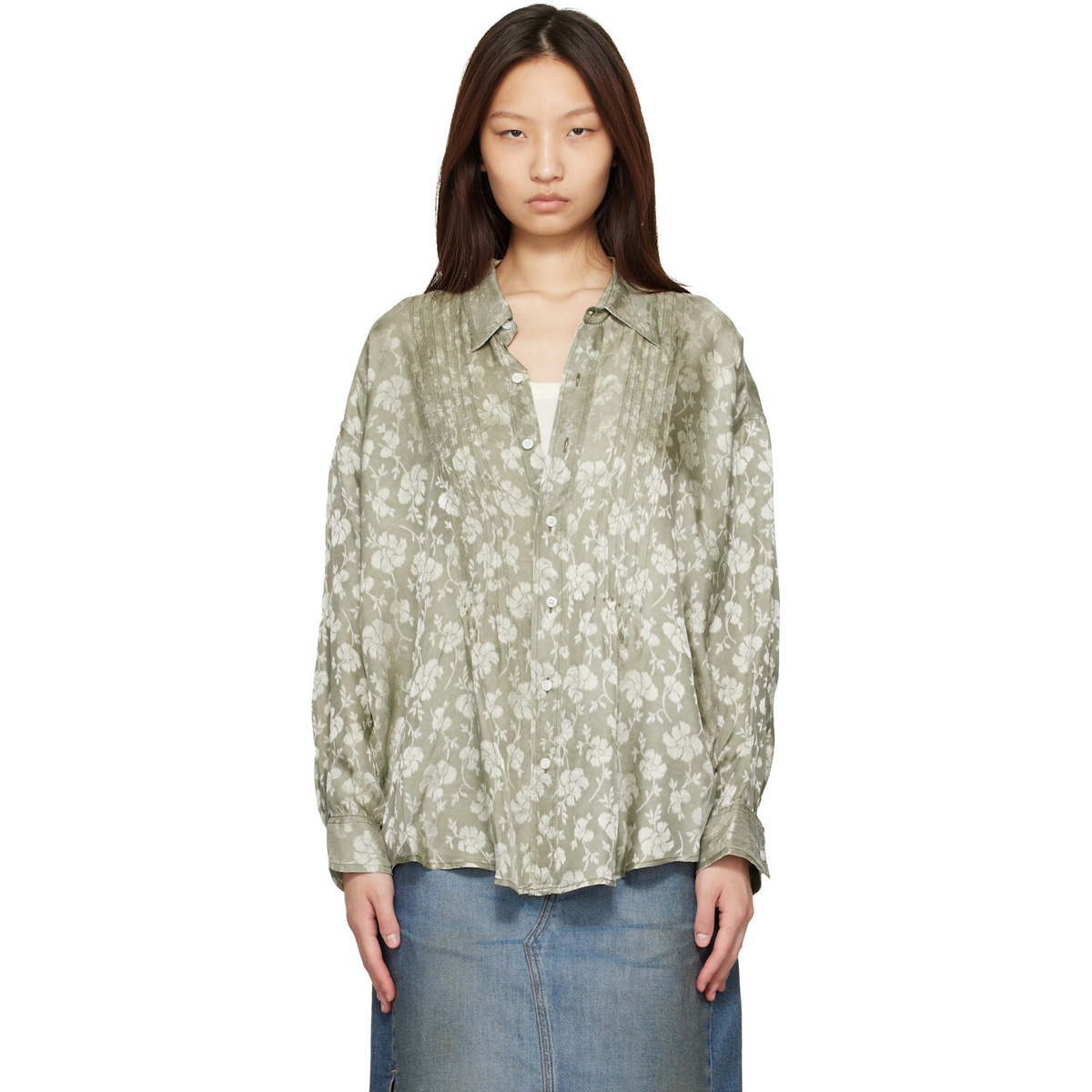R13 Khaki Pintuck Drop Neck Shirt