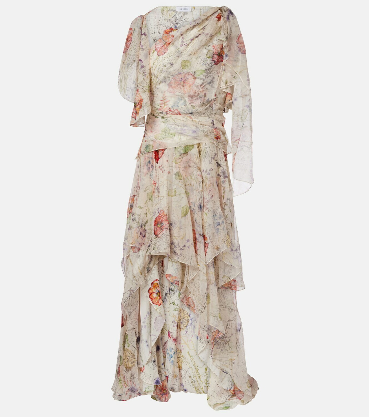 McQueen Floral asymmetric silk chiffon gown