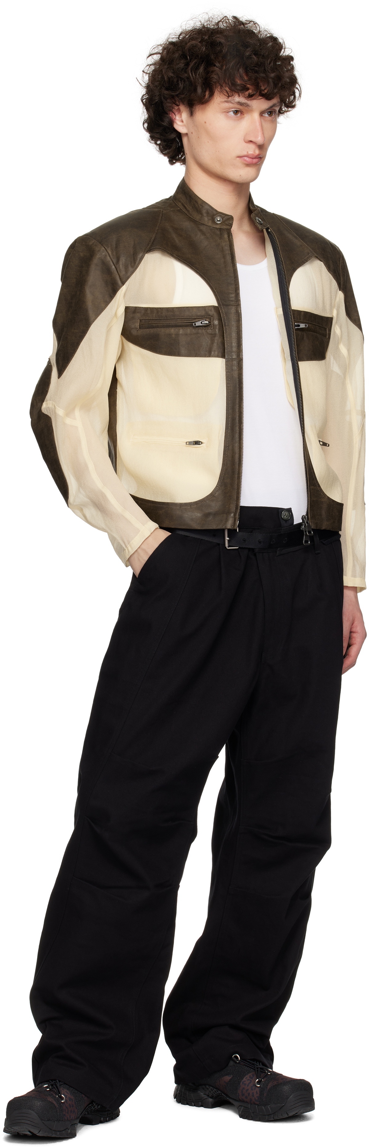 【ANDERSSON BELL】 FAUX-LEATHER & SHEER RIDER JACKET (BROWN) Andersson Bell Brown & Off-White Faux-Leather & Sheer Rider