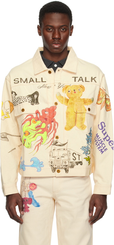 Photo: Small Talk Studio SSENSE Exclusive Off-White Custom Hand Drawn Trucker Denim Jacket