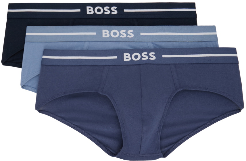 BOSS Three-Pack Navy & Blue Jacquard Logo Briefs BOSS