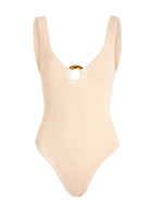 Hunza G - Celine Cut-Out Seersucker Swimsuit, Nude, One Size, V-Neck, Cut-Out Ring Detail, Machine Wash, Hunza G Swimsuits