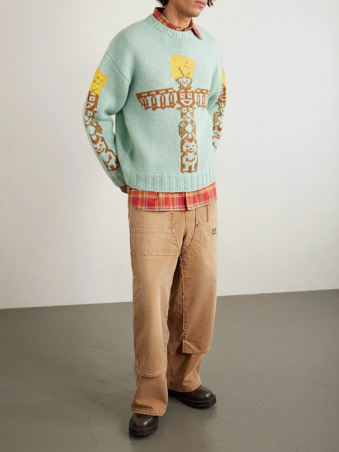 KAPITAL - Peckish Totem Pole Intarsia Wool Sweater - Blue