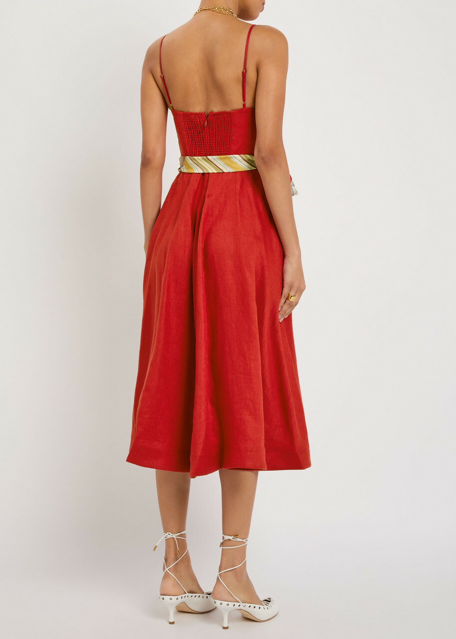 Zimmermann Rebellion Belted Linen Midi Dress Red